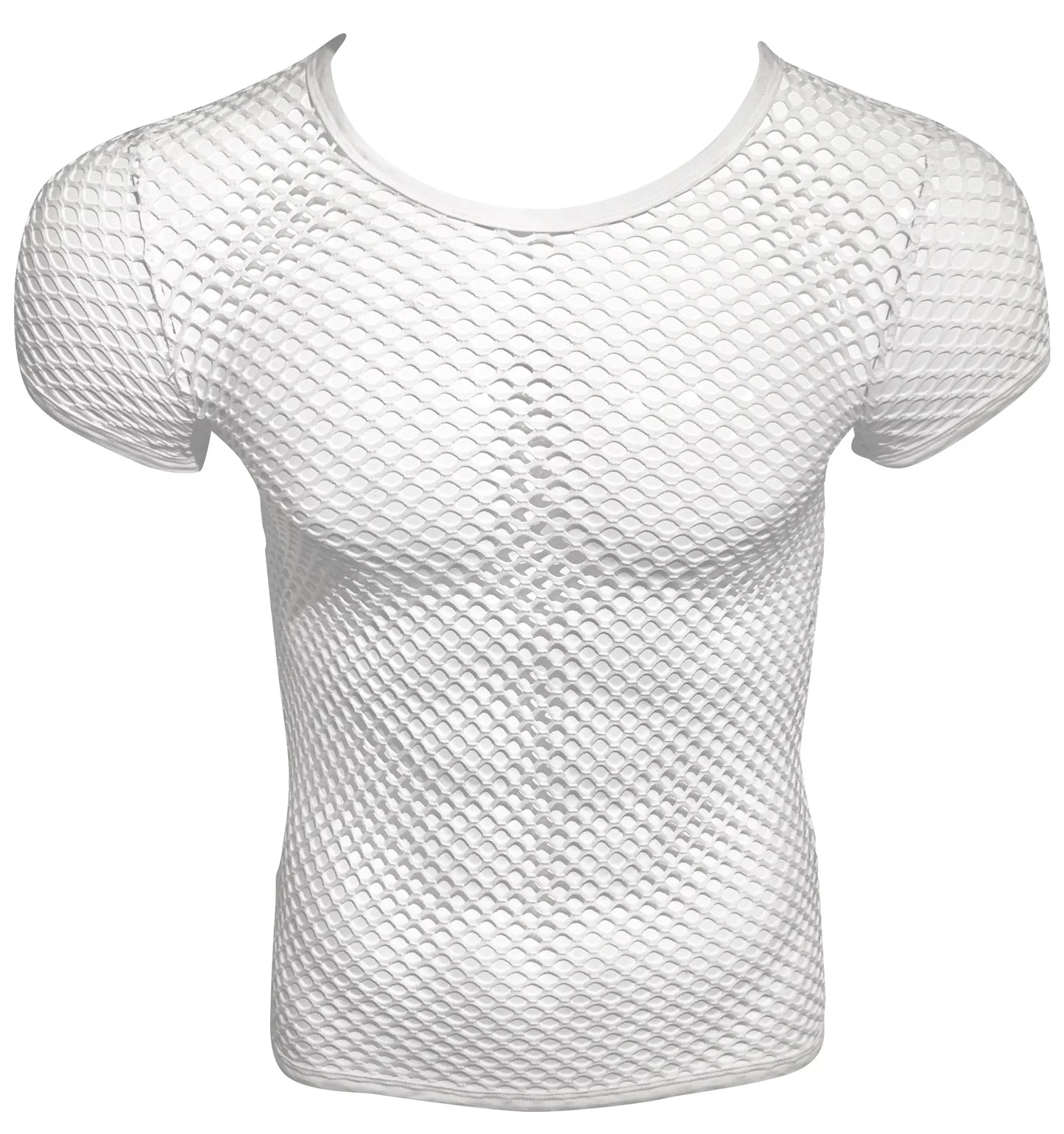White mesh fishnet tee with short sleeves and a fitted, form-fitting design for stylish breathable wear