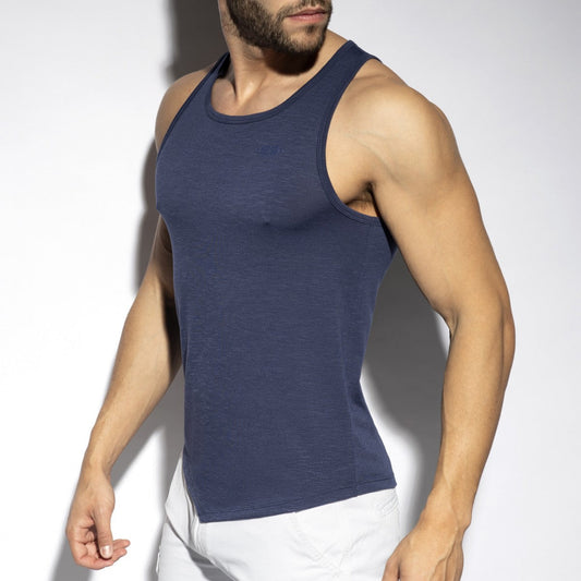 Navy blue ribbed cotton flame tank top with a sleeveless design perfect for casual wear