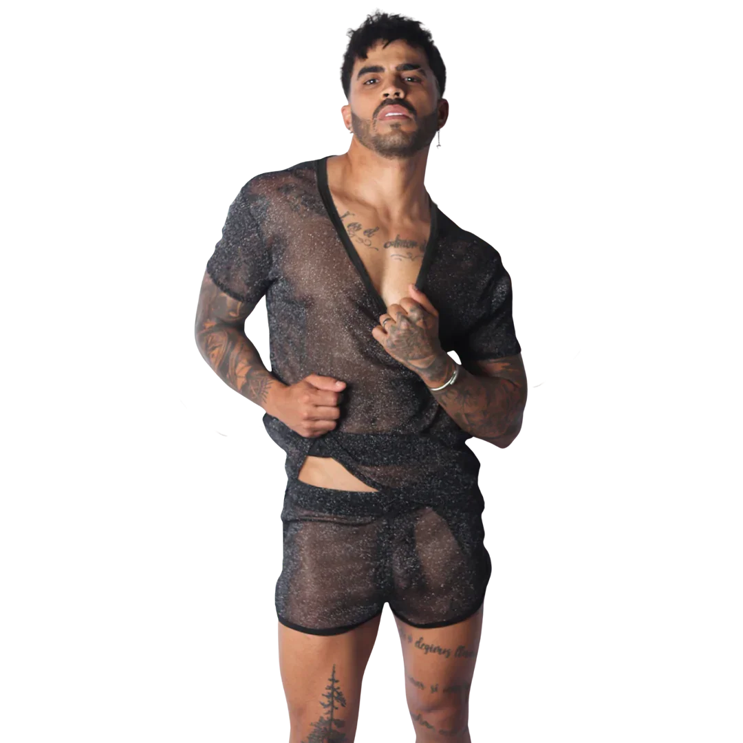 Black sheer, mesh-style short-sleeve T-shirt with a deep V-neck and subtle glittery, textured finish.