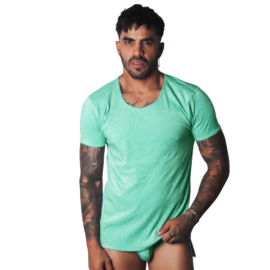 Flash green short-sleeve t-shirt with a subtle sparkling finish and a wide, rounded scoop neckline.