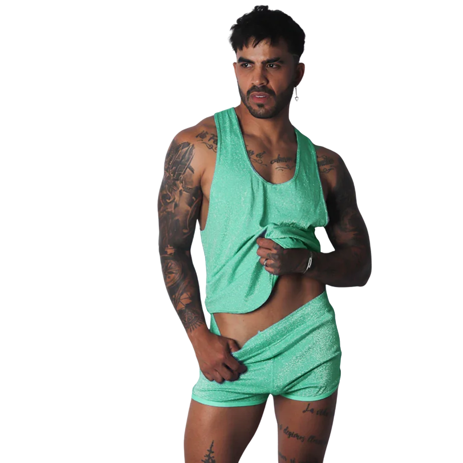 Neon green, glitter-finish tank top with a scoop neck and wide straps in a fitted, athletic style.