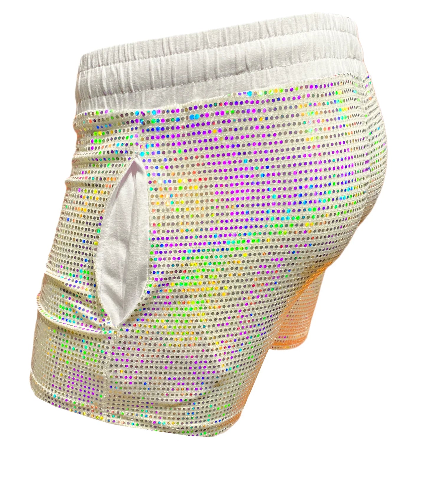 Flat sequin short shiny iridescent sequined shorts with white elastic waistband and small front pocket