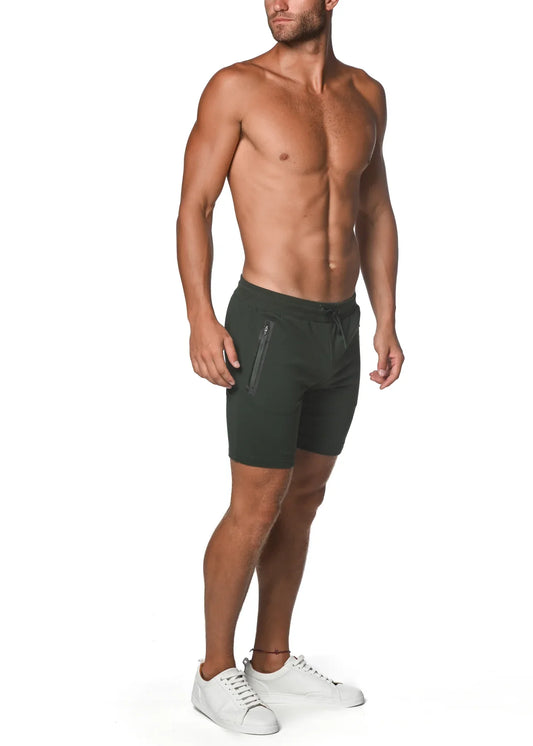 Dark green fleece flex-cotton stretch shorts with drawstring waist and side zipper pockets for athletic use