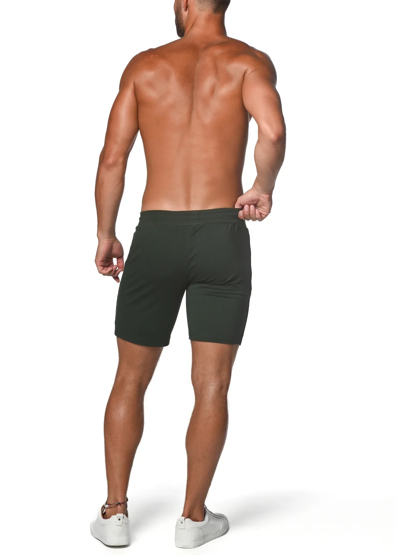 Dark green slim-fit fleece flex-cotton stretch shorts with a clean modern design for men