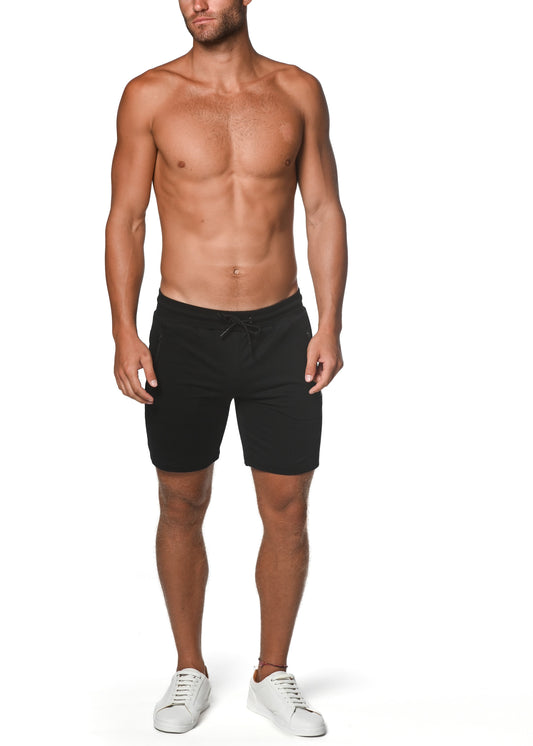 Black fleece flex-cotton stretch shorts with drawstring waistband designed for comfort and flexibility