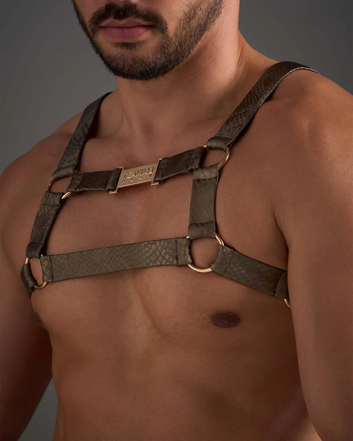 Dark green snakeskin textured leather flex harness with gold tone metal rings and central plaque