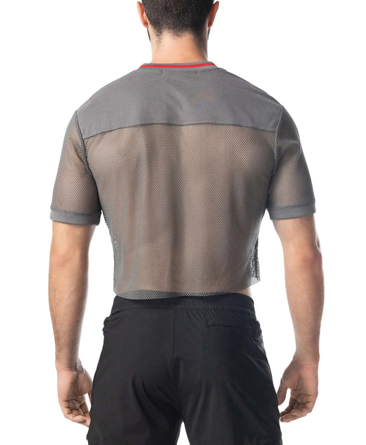 Flex jersey gray mesh short-sleeved athletic top with red trim at neckline designed for performance wear