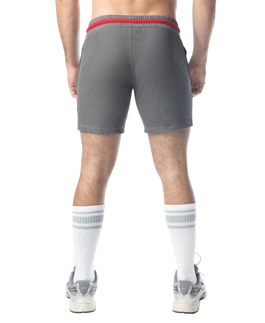 Flex rugby short gray mesh athletic shorts with red elastic waistband for comfortable sportswear