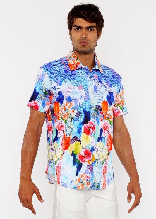 Vibrant floral abstract short-sleeved woven modal border shirt in blue pink orange and yellow on a light background