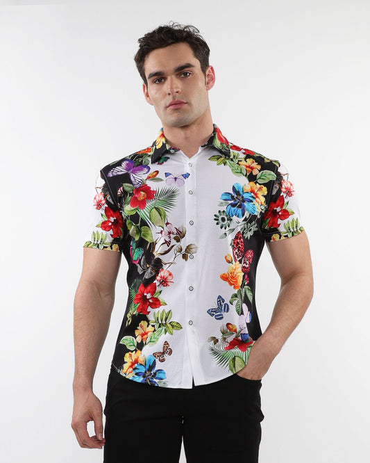 Floral border print stretch knit shirt with vibrant tropical short sleeves bold floral and butterfly motifs on black and white