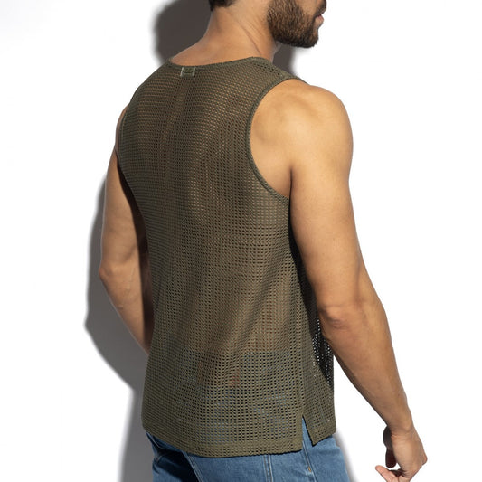 Formentera retro tank top in olive green mesh with subtle texture and small metallic clasp at the neckline