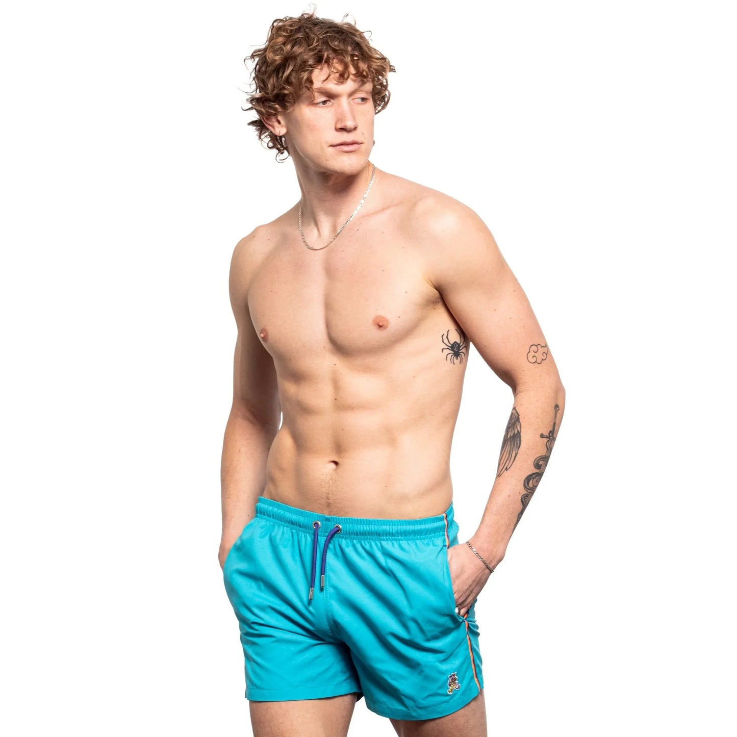 Frog swim trunk bright turquoise swim trunks with drawstring waistband and subtle side trim for swimming
