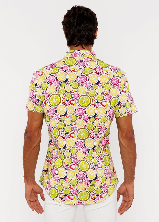 Fruits print stretch knit shirt with lime and pink citrus slices on a dark navy short-sleeved button-up design