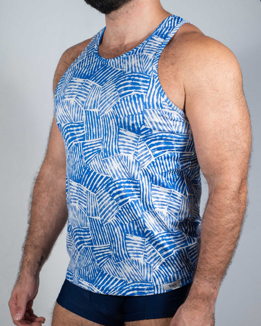 Blue and white geometric patterned men’s tank top fun square print tank perfect for casual summer wear