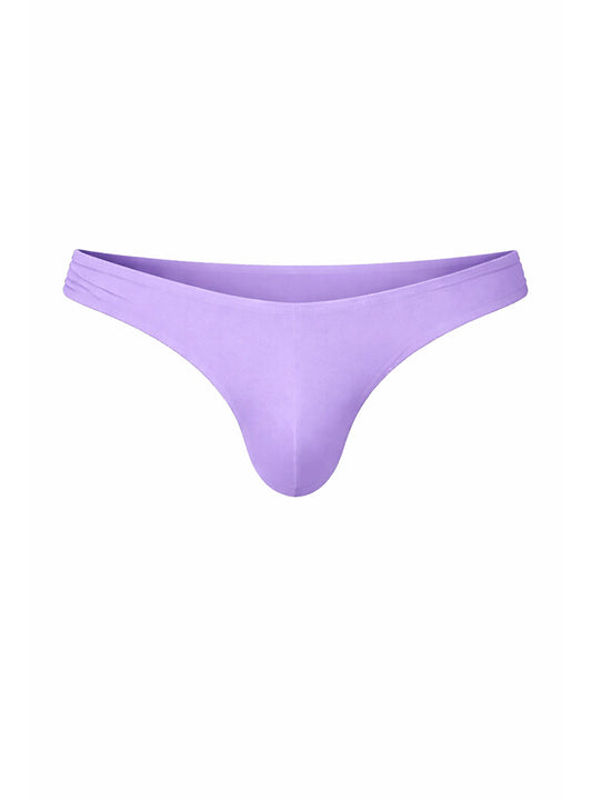 A sleek solid lavender fizx full coverage men’s bikini thong made of smooth stretchy fabric shown from the back