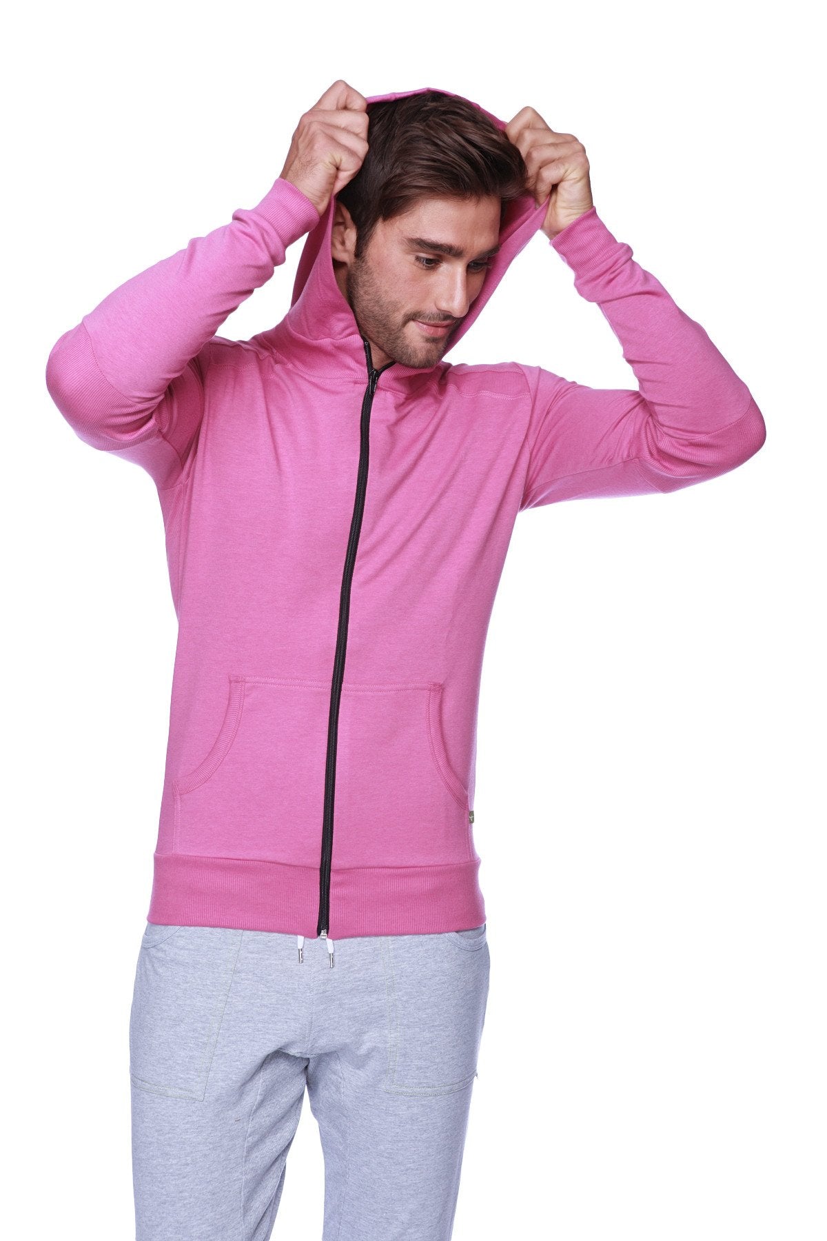 Vibrant berry pink form-fit crossover yoga track performance hoodie with black zipper and front pockets