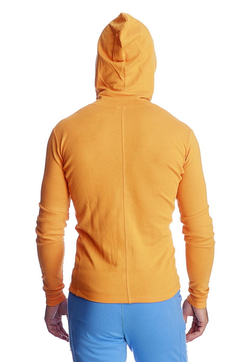 A vibrant sun orange form-fit crossover yoga track performance hoodie with long sleeves and ribbed cuffs