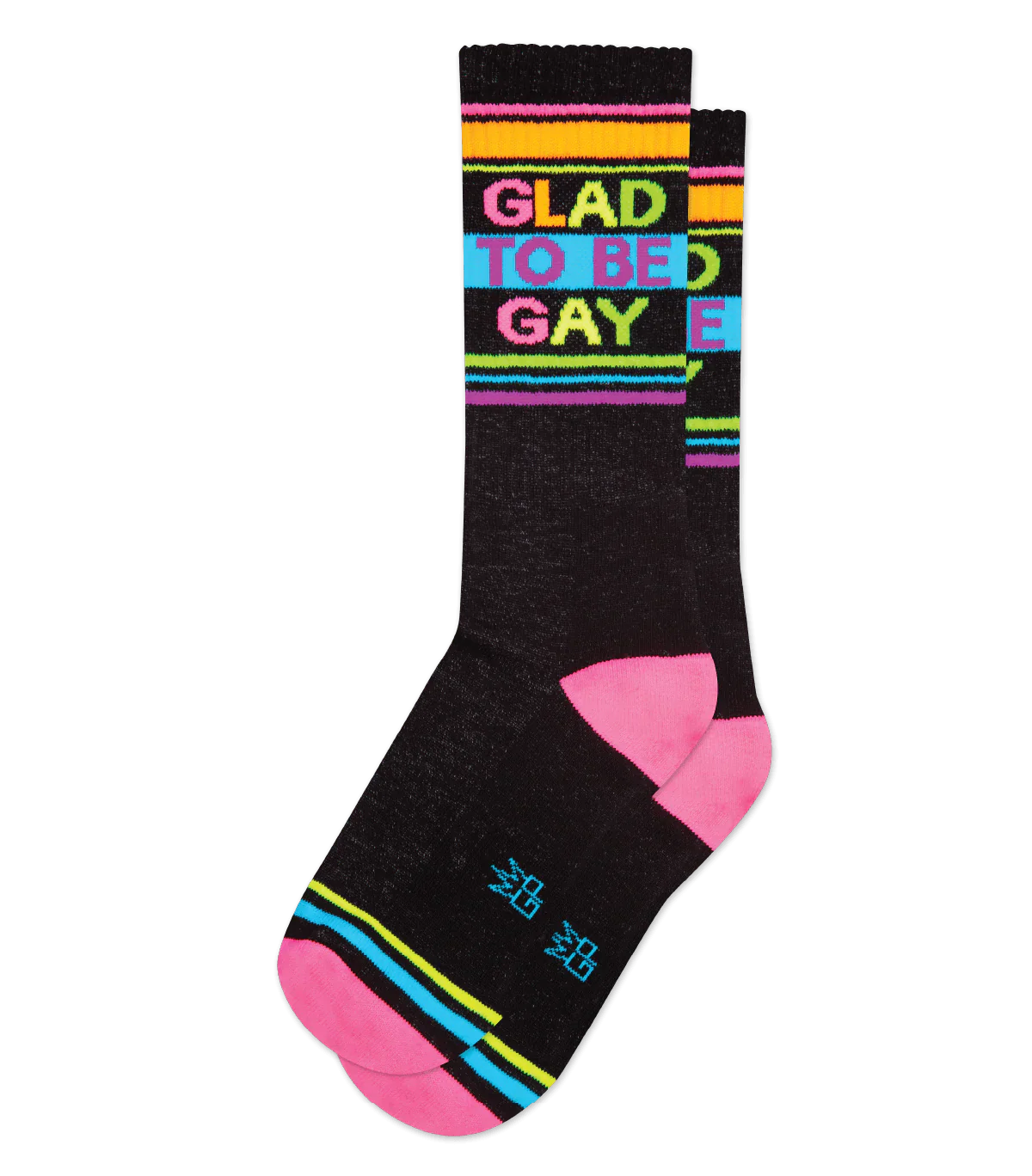 Glad to be gay crew socks in black cotton with vibrant rainbow stripes and bold colorful phrase on top
