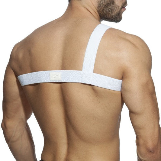 Back view of white gladiator clip harness with elastic strap, subtle textured weave, and small logo patch