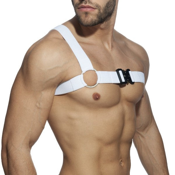 White gladiator clip harness with adjustable straps black buckle and circular metal ring for secure fit