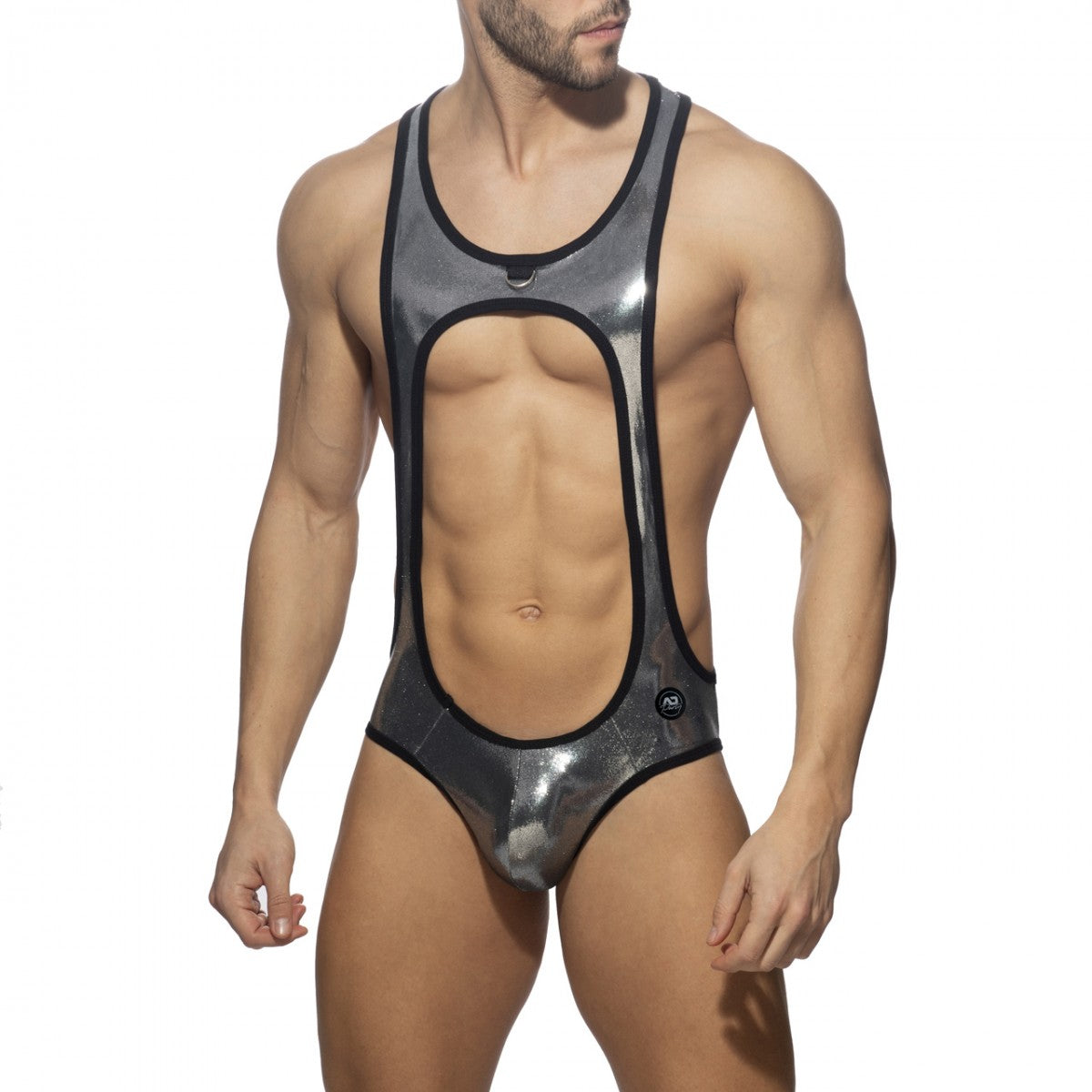 Shiny metallic silver glitter bottomless bodysuit with black trim and cutout design in one-piece style