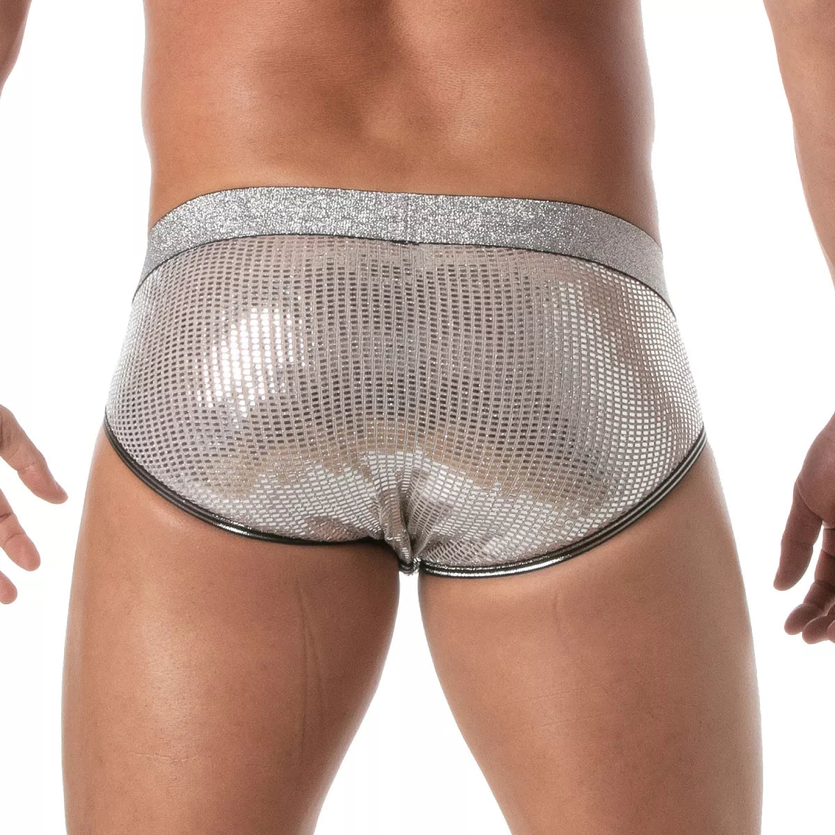 Shiny silver mesh glitter brief with glittery waistband and black trim for stylish comfortable wear