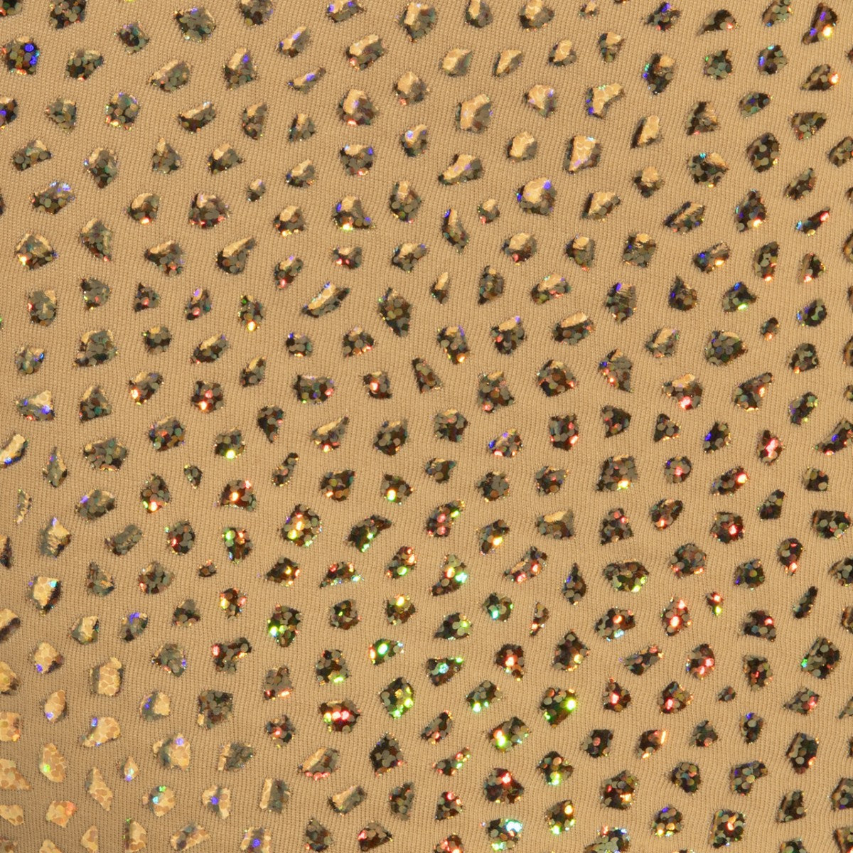 Gold stones trunk fabric features gold-toned material with iridescent rhinestones in a leopard print pattern