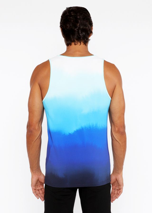 A men’s sleeveless gradient stretch mesh tank top in white to deep blue with soft fabric and smooth color transition