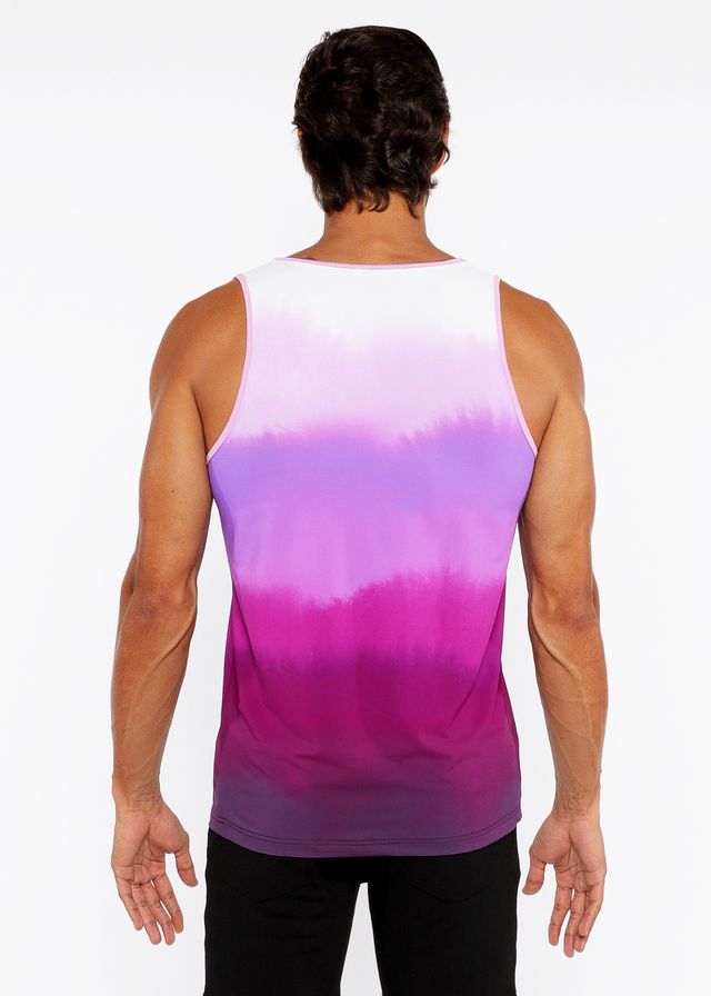 A gradient stretch mesh tank top with a white to deep magenta purple gradient in stretchy fabric and clean seams