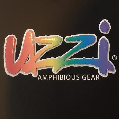 Rainbow-colored uzzi logo sticker with amphibious gear text on gradient swim short for water activities