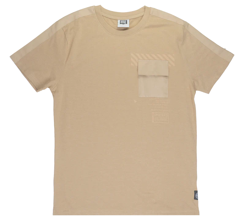 Beige gtl4 pocket t-shirt with short sleeves chest pocket and subtle diagonal stripe detailing on the front