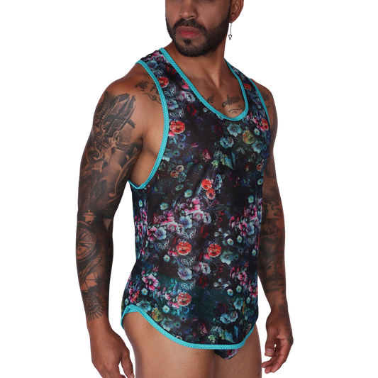 Side view of Gigo Garden Blue sheer mesh tank with floral print and teal trim.