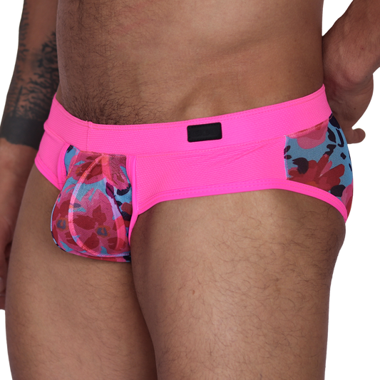 Gigo Garden fuchsia mesh brief, side view. Floral print mesh pouch, neon pink waistband, and athletic trim.