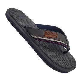 Black rubber hanpton sandal flip-flop with navy blue strap and brown leather patch featuring brand name