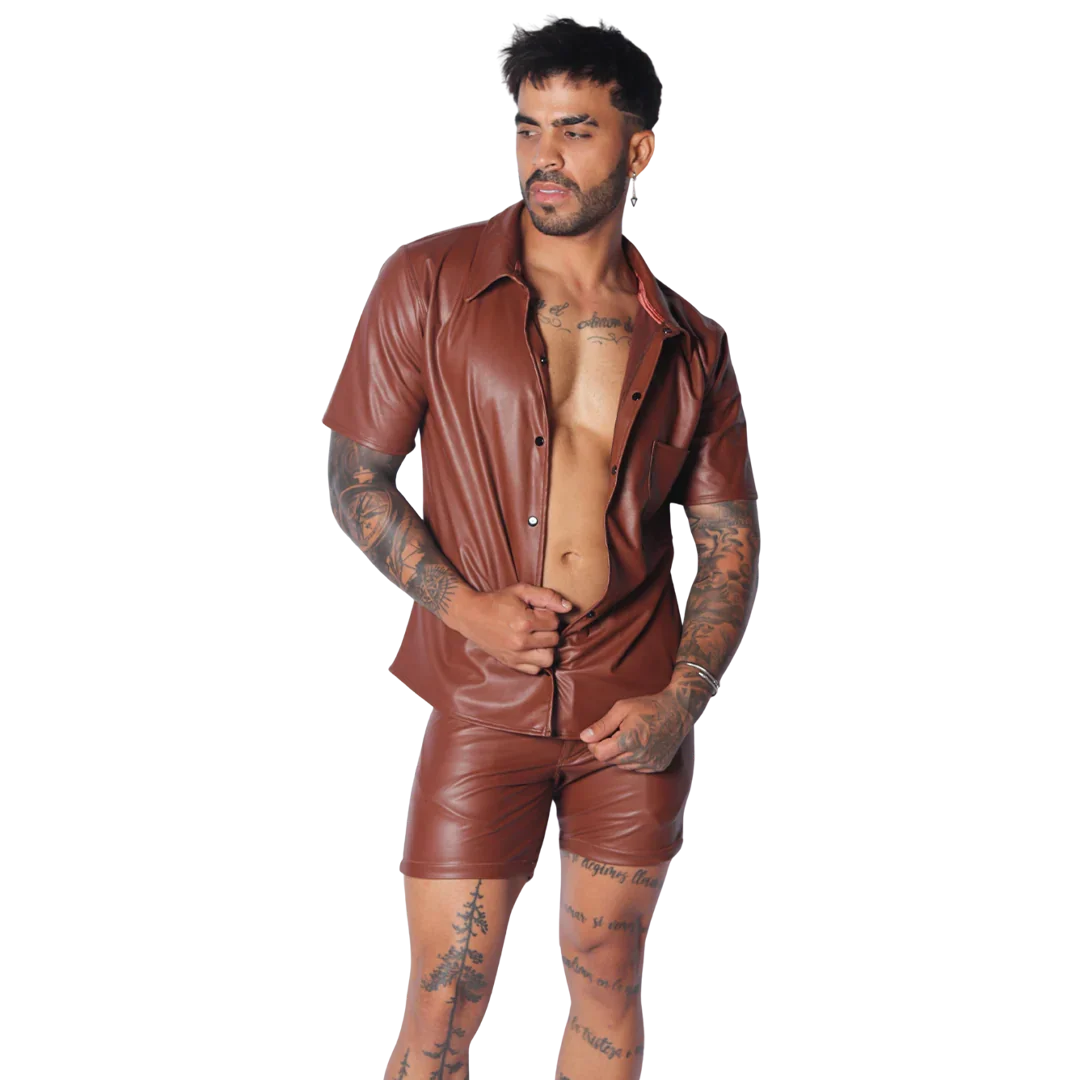 Brown short-sleeve button-down shirt in smooth faux leather with a classic collar and chest pocket.