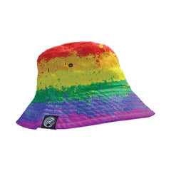 High tide pride bucket hat rainbow-colored quilted fabric with a small black logo patch on the side
