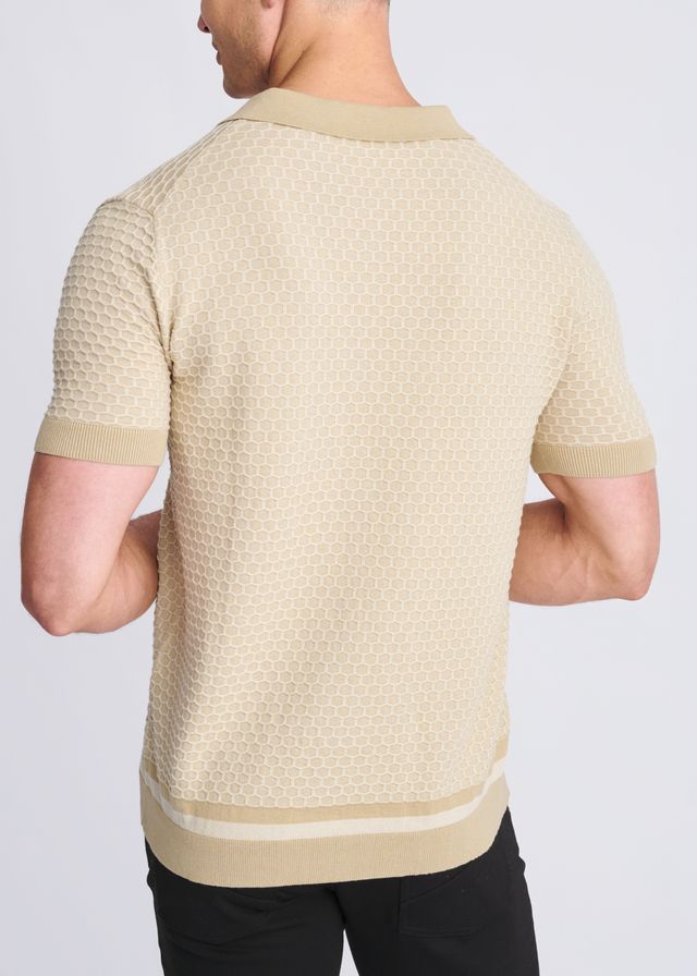 Beige short-sleeved polo shirt with textured honeycomb knit and ribbed collar cuffs and hem in knit fabric