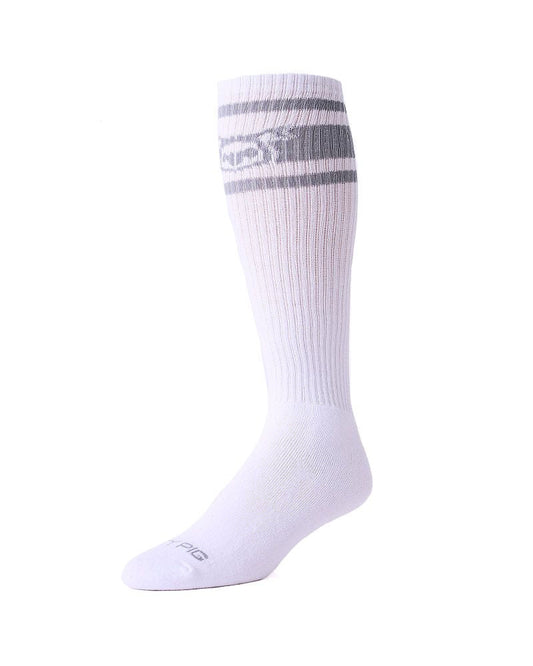Hook’d up sock white ribbed knee-high sock with gray horizontal stripes and subtle logo near the top