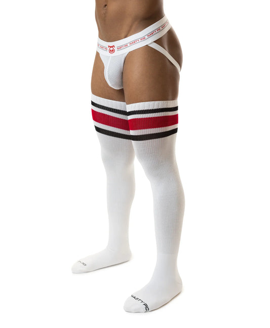 White hook’d up thigh high socks with red and black stripes, mesh design, and branded waistband visible in front view