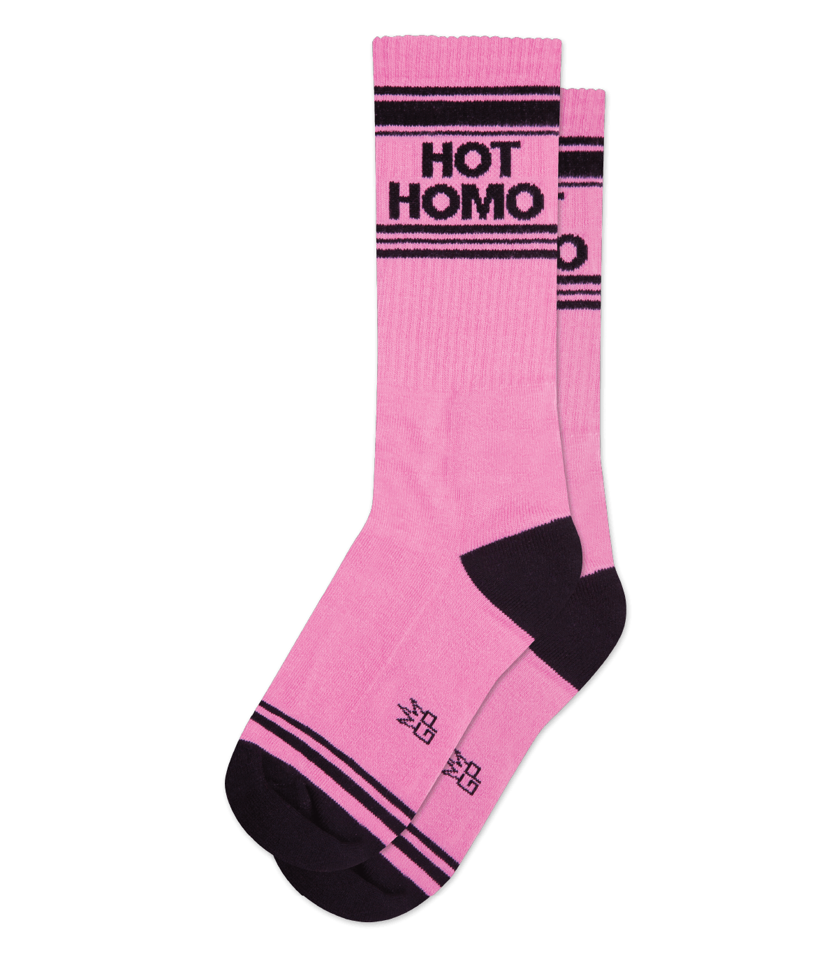 Hot homo crew socks pink with black stripes ribbed texture and reinforced heel and toe in matching black