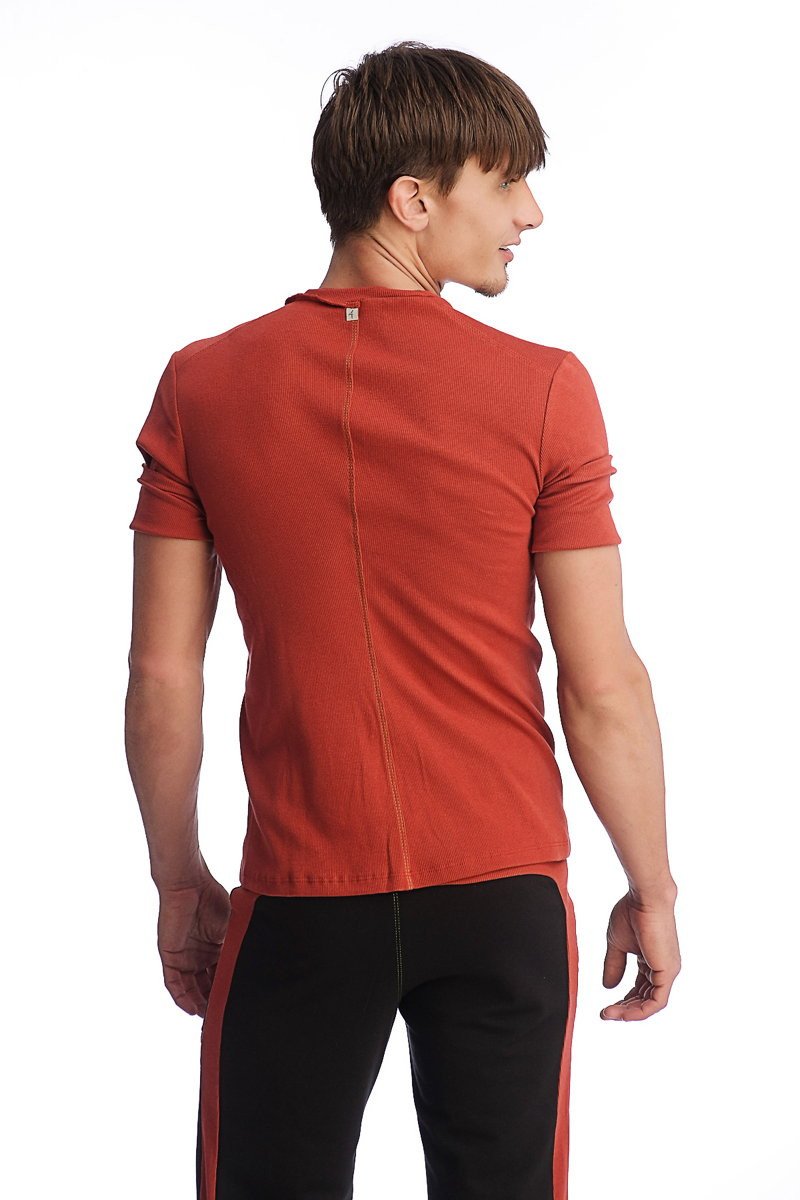 A sleek rust-orange hybrid v-neck short-sleeved t-shirt showing the back with a subtle vertical seam