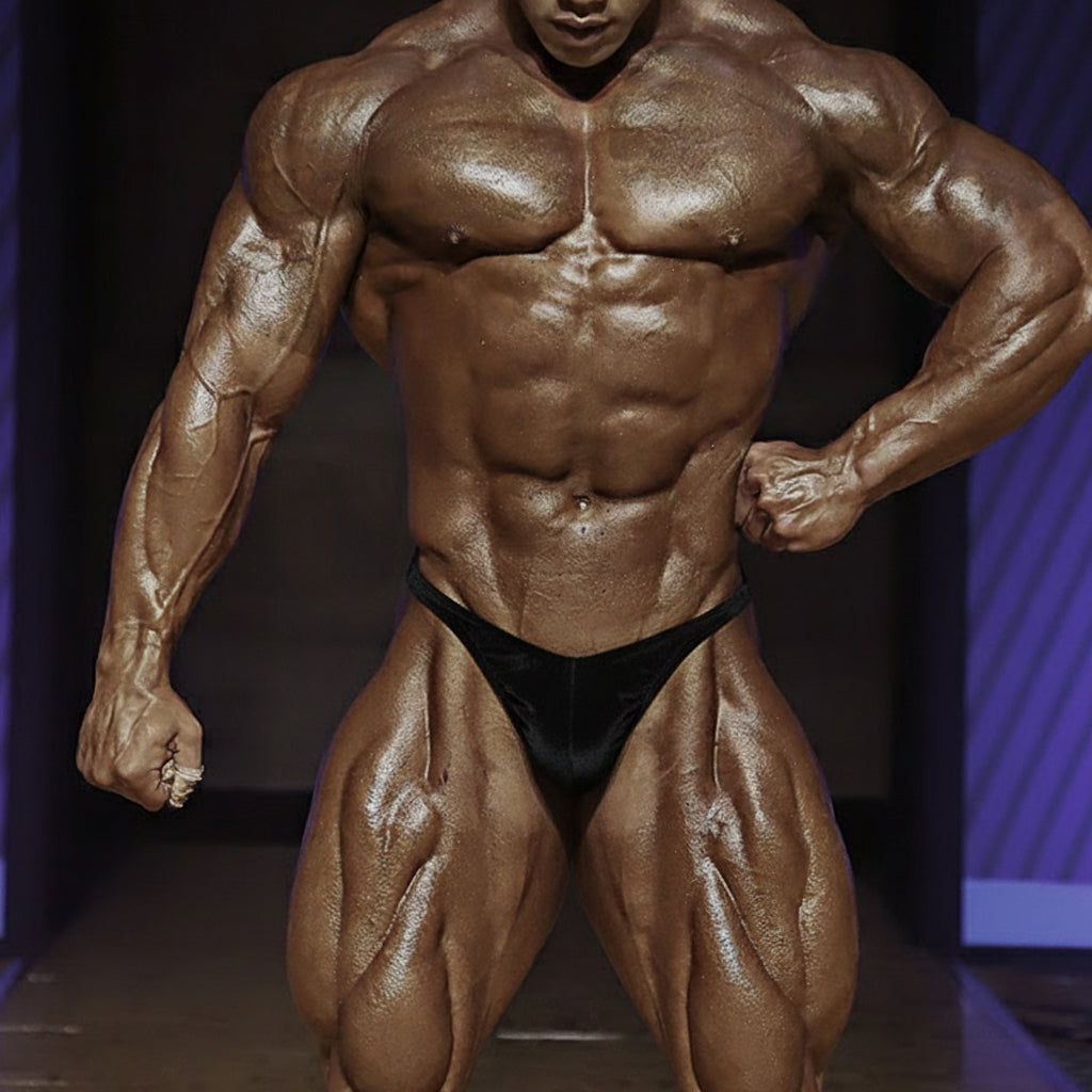A muscular bodybuilder wearing a black metroMalewear posingwear ifbb pro posing suit from the front