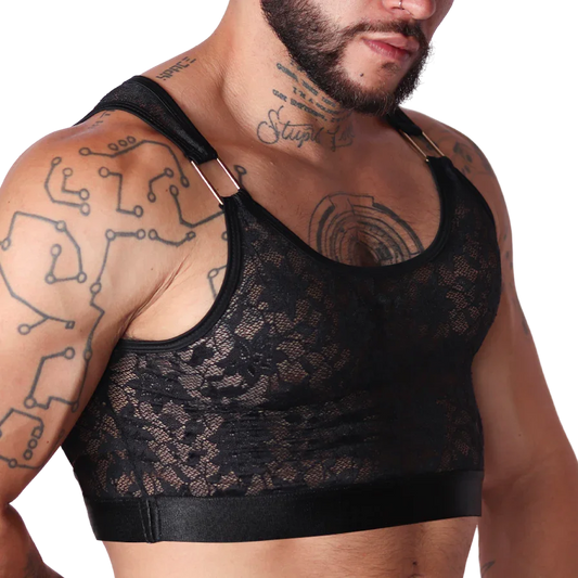 Detail view of Gigo Illusion black lace crop top for men with gold hardware shoulder strap accents.