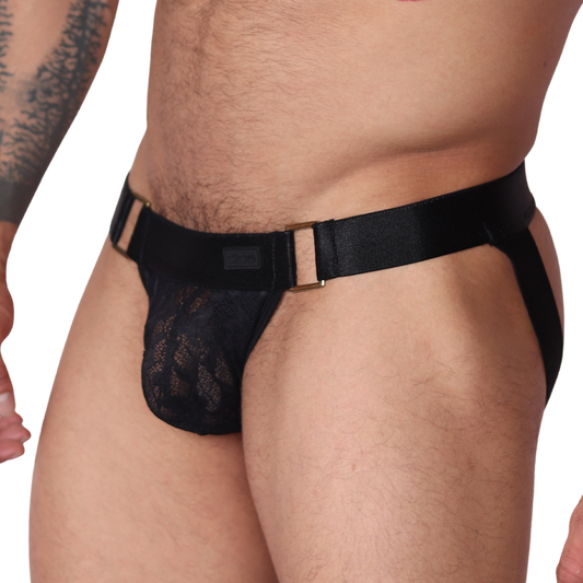 Side view of black Gigo Illusion lace jockstrap with gold ring hardware details on elastic waistband.