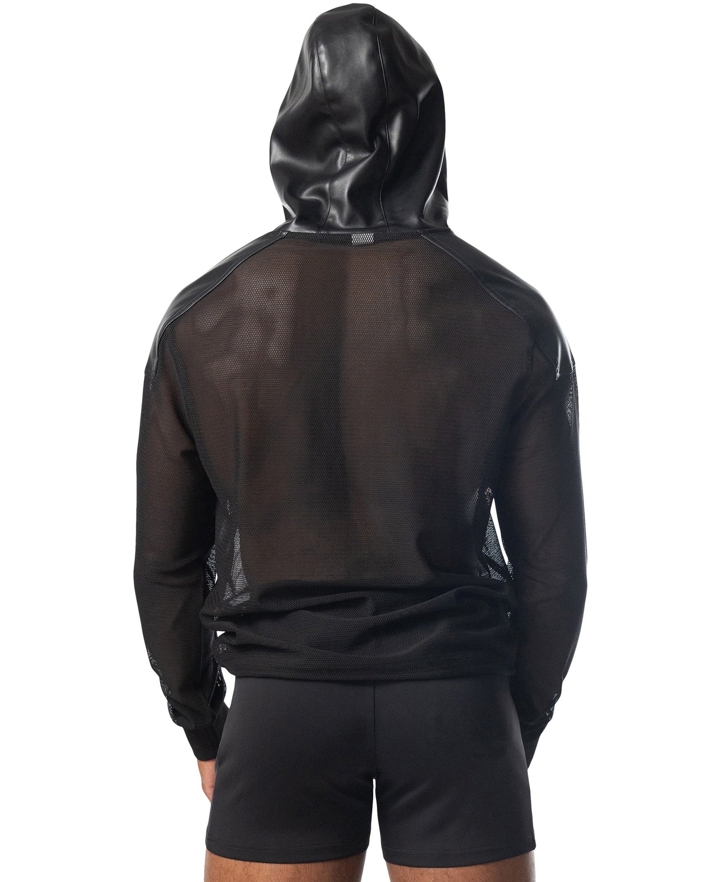Intake hooded long sleeve black mesh hoodie with glossy black hood and solid black sleeves front view