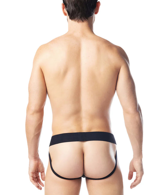 Black form-fitting intake jockstrap briefs with a sleek minimalist design ideal for comfortable everyday wear
