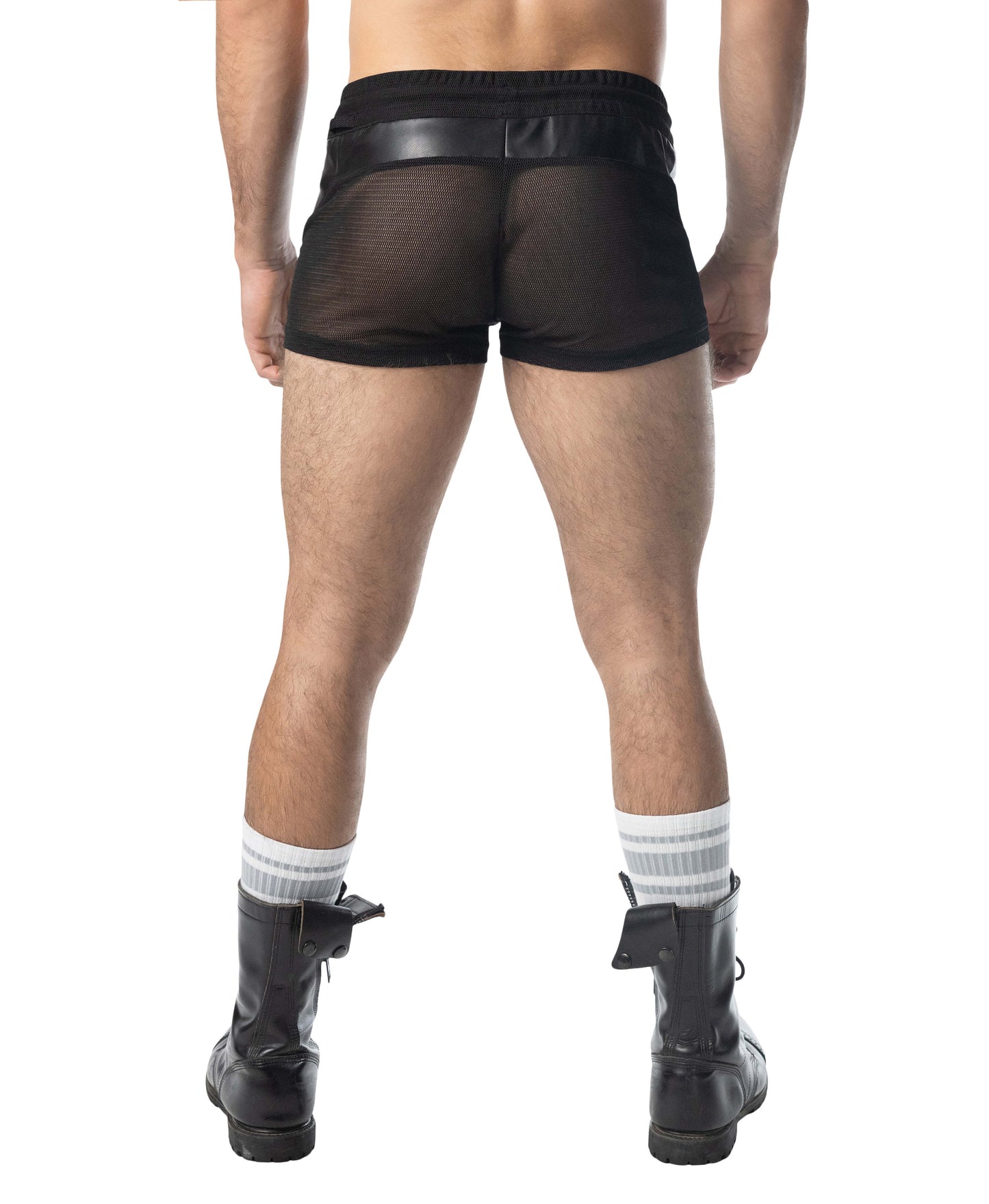 Intake trunk short black mesh shorts with faux leather waistband for sporty casual wear