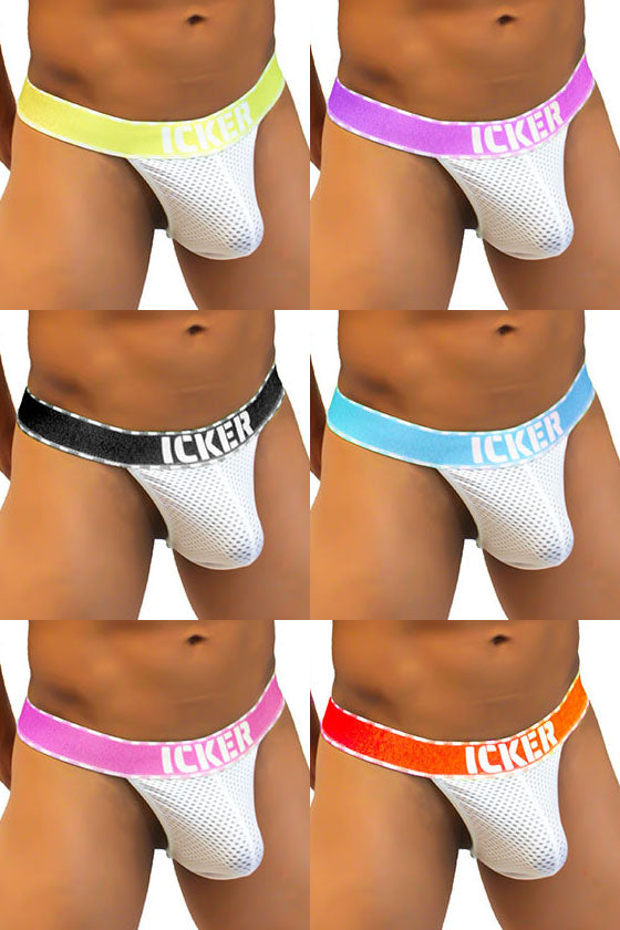 Icker sea 7 pack mesh contrast thong underwear in white with colorful neon elastic waistbands and Icker branding