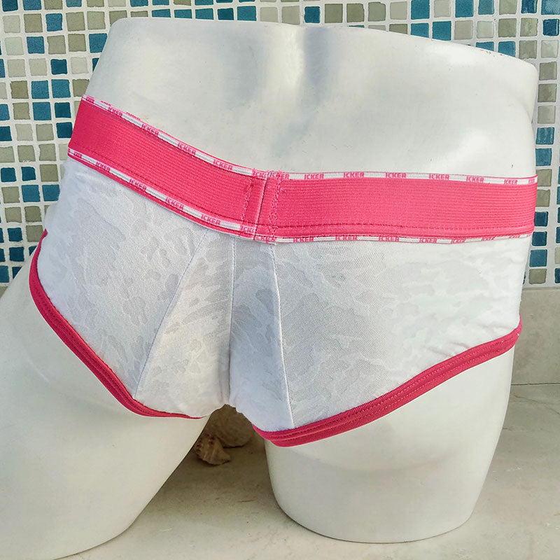 White lace men’s brief underwear with pink elastic waistband and trim icker sea acid mesh piping brief fuchsia COI-21-02