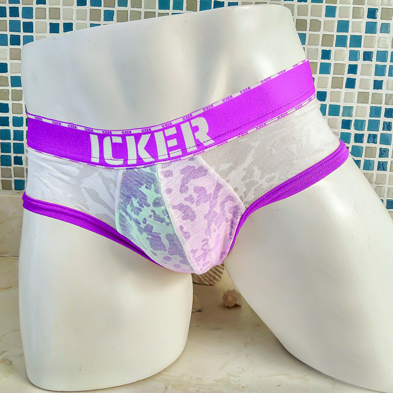Purple and white lace-trimmed icker sea acid mesh piping brief underwear with bold logo waistband